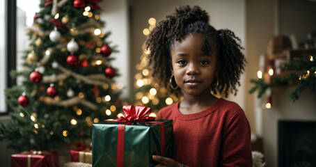 Fototapeta na wymiar Young African girl holds a gift in her hand at Christmas at her home