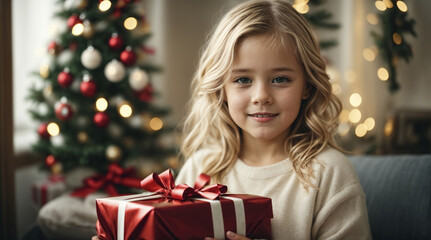 Fototapeta na wymiar Young blond girl holds a gift in her hand at Christmas at her home
