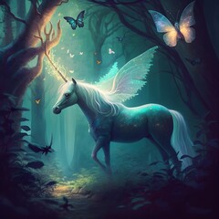 Obraz na płótnie Canvas a unicorn in a magic forest with luminous butterflies flying fantasy art style 