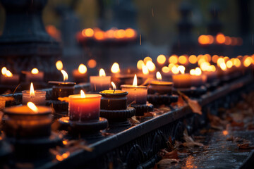 Lots of lit candles and dry autumn leaves at the cemetery. Celebrating All Saints Day at graveyard at night.