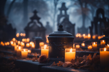 Lots of lit candles and dry autumn leaves at the cemetery. Celebrating All Saints Day at graveyard at night. - obrazy, fototapety, plakaty
