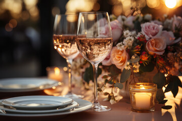 Beautifully wedding table decorated with candle and flowers. Outdoor wedding reception for large number of guests.
