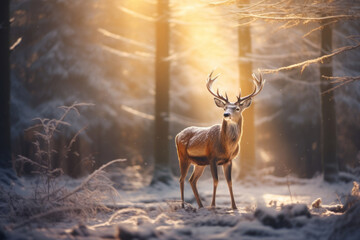 Mystic Christmas reindeer in wonderful winter forest. Stag among snowy trees on magical Christmas evening. - obrazy, fototapety, plakaty