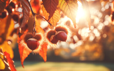 Closeup of fresh chestnuts on vibrant autumn forest.