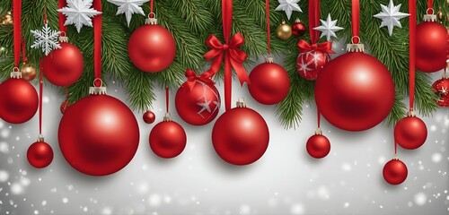 Christmas background with baubles and christmas branches on bright background