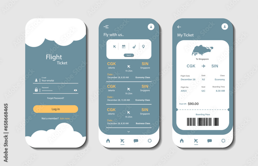 Poster online airline ticket booking design for mobile application. airline ticket booking platform screen.