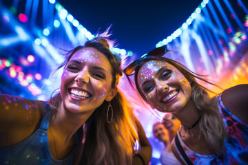 Cheerful young friends having fun at colorful rave party. Happy women and men enjoying themselves and dancing. Group of people at music concert.