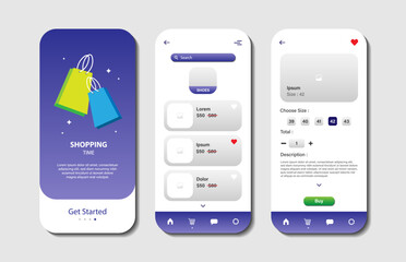 Online shopping design for mobile app. Shopping platform screens with product. Graphical user interface for responsive mobile application