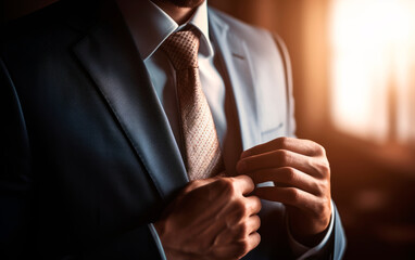 Closeup photo of businessman adjusting his necktie.