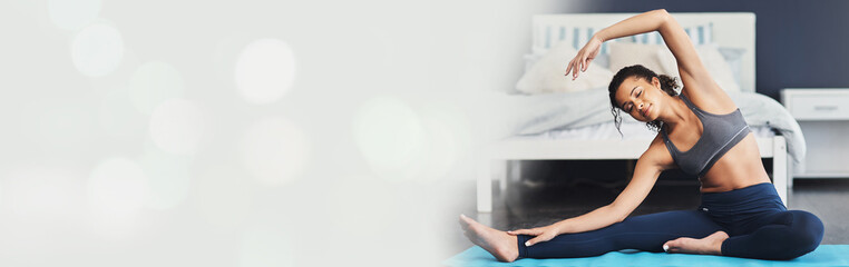Banner, yoga and fitness, woman in bedroom and stretching workout with mockup, health and wellness in home. Pilates, exercise and girl training on floor in apartment with space, bokeh and commitment. - obrazy, fototapety, plakaty