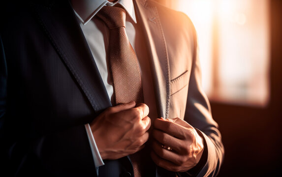 Closeup photo of businessman adjusting his necktie.