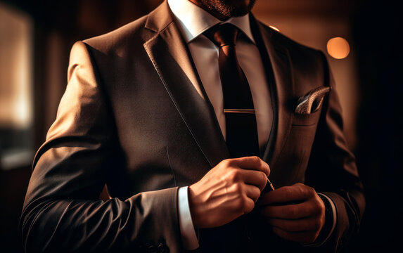 Closeup photo of businessman adjusting his necktie.