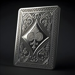 a detailed and realistic ace of diamonds playing card made out of a steel metal depicting a detailed diamond shape carved into the front in the shape of a rectangular playing card laying face up 