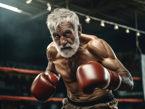 Portrait of senior man with boxing gloves in the ring