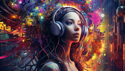 Hightech future of music and dance and djing in festivals with hitech music in psychedelic atmosphere