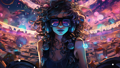 Hightech future of music and dance and djing in festivals with hitech music in psychedelic atmosphere