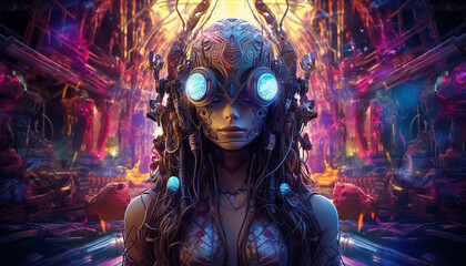 Fototapeta premium Hightech future of music and dance and djing in festivals with hitech music in psychedelic atmosphere