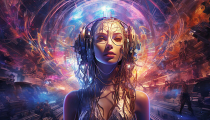 Hightech future of music and dance and djing in festivals with hitech music in psychedelic atmosphere