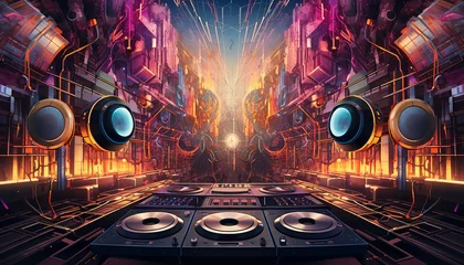 Poster Hightech future of music and dance and djing in festivals with hitech music in psychedelic atmosphere © sezerozger