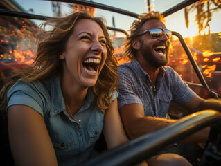 Excited couple enjoying thrilling and exciting car rides at amusement park