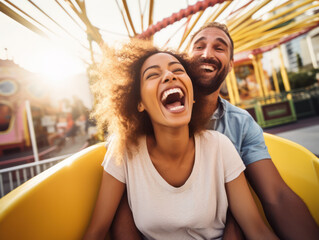 Excited African American couple enjoying thrilling and exciting rides at amusement park - obrazy, fototapety, plakaty