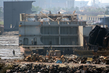 Old ships dismantled at ship-breaking yards in Chittagong, Bangladesh.Inside of Ship breaking yard...