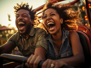Fototapeta premium Excited African American couple enjoying thrilling and exciting rides at amusement park