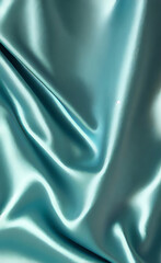 Blue green silk satin fabric. Teal color elegant background. Liquid wave or silk wavy folds. Beautiful dark turquoise background with copy space for your design.
