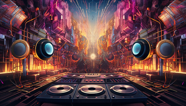 Hightech future of music and dance and djing in festivals with hitech music in psychedelic atmosphere