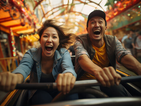 Excited Thai couple enjoying thrilling and exciting rides at amusement park
