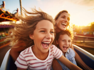 Excited Mom and Kids enjoying thrilling and exciting rides at amusement park