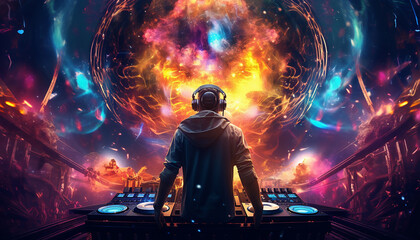 Hightech future of music and dance and djing in festivals with hitech music in psychedelic atmosphere