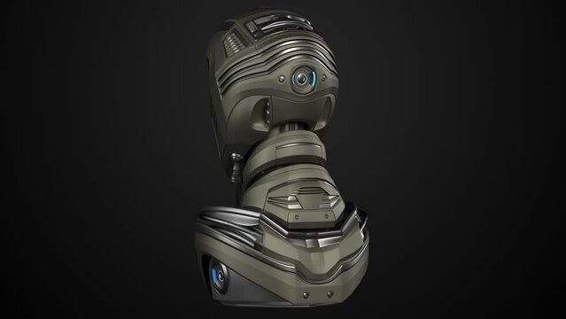 Turntable 360 degree animation of Futuristic robot head or humanoid alien cyborg. 3d rendering isolated on black background with alpha