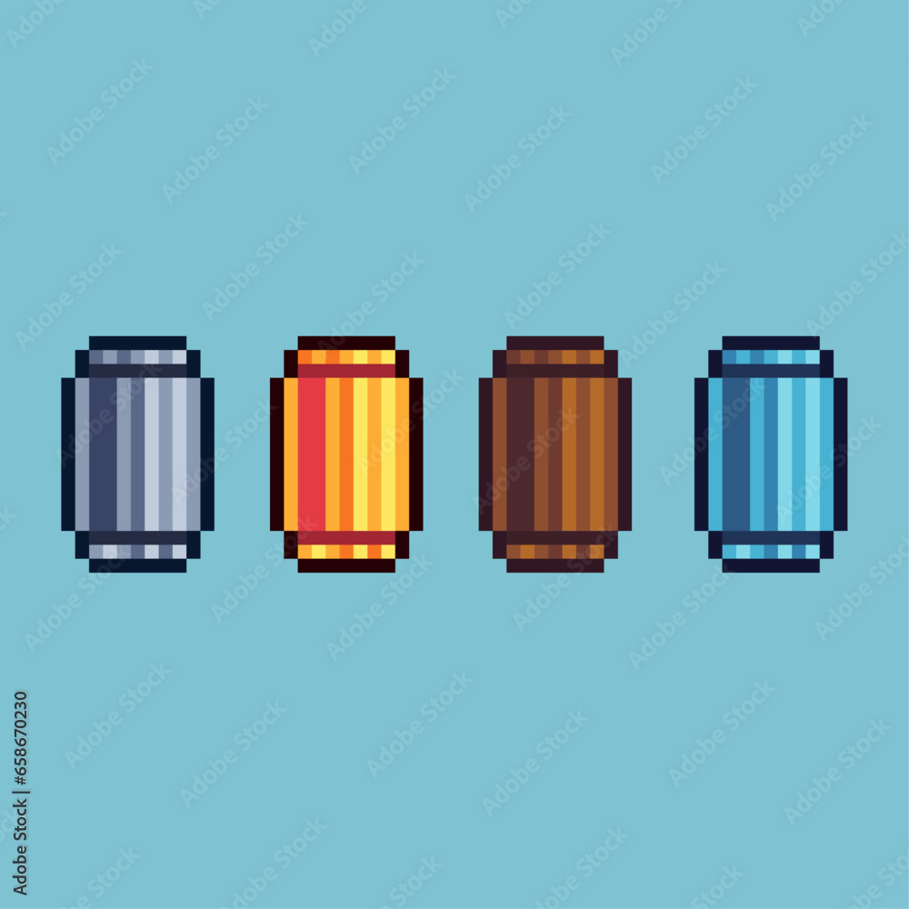 Poster pixel art sets of water can with variation color item asset. simple bits of silver,gold can on pixel