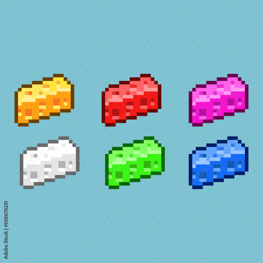 Poster Pixel art sets of cheese with variation color item asset. Simple bits of cheese food on pixelated style. 8bits perfect for game asset or design asset element for your game design asset