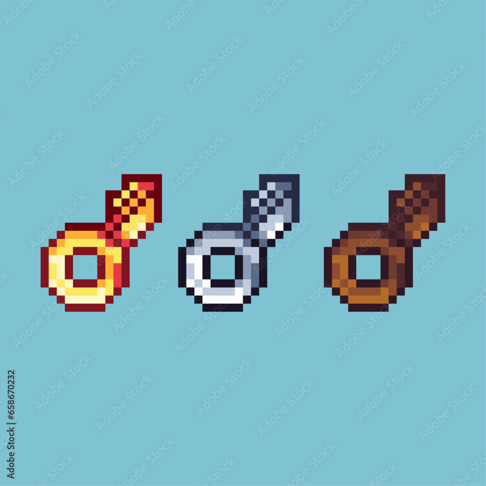 Fototapete pixel art sets of gold,silver,and wood key with variation color item asset. simple bits of key on pi