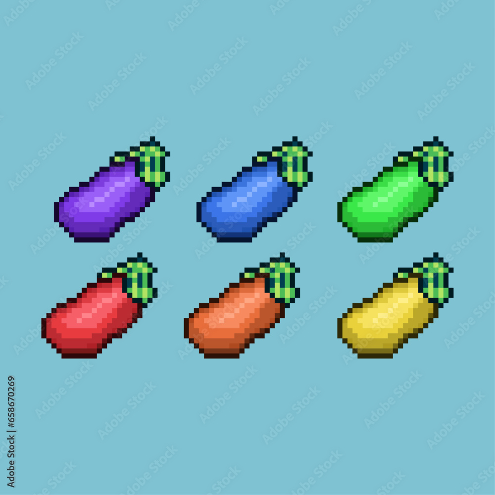 Poster pixel art sets of eggplant with variation color item asset. simple bits of eggplant vegetable on pix