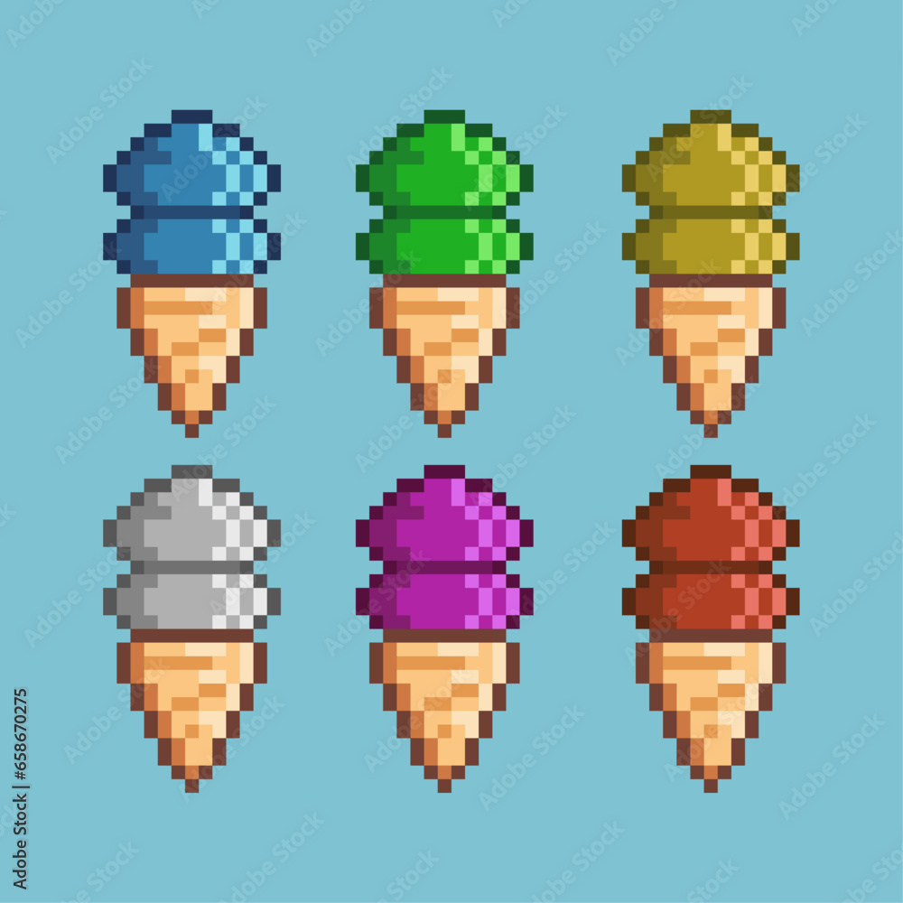 Poster pixel art sets of ice cream with variation color item asset. simple bits of ice cream on pixelated s