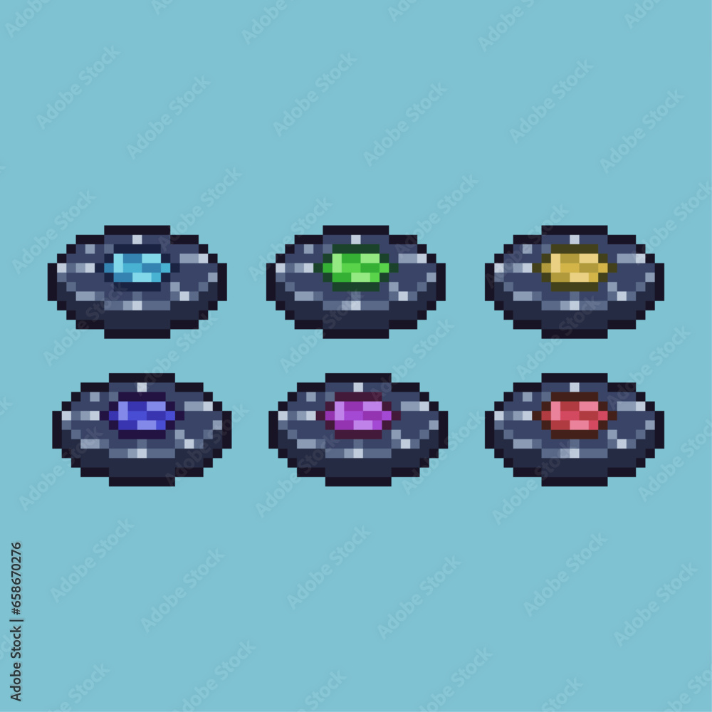 Poster pixel art sets of round cassette disc with variation color item asset. simple bits of cassette disc 