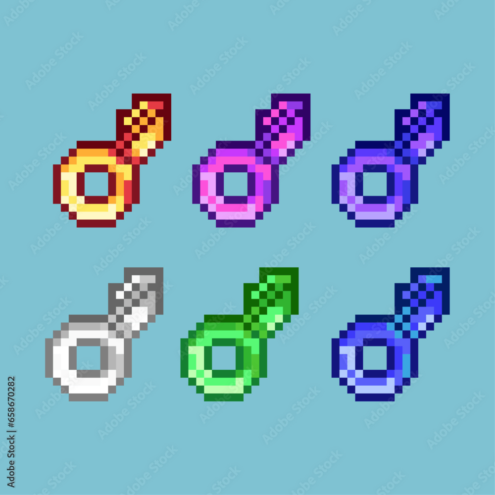 Fototapete pixel art sets of key with variation color item asset. simple bits of gold key on pixelated style. 8