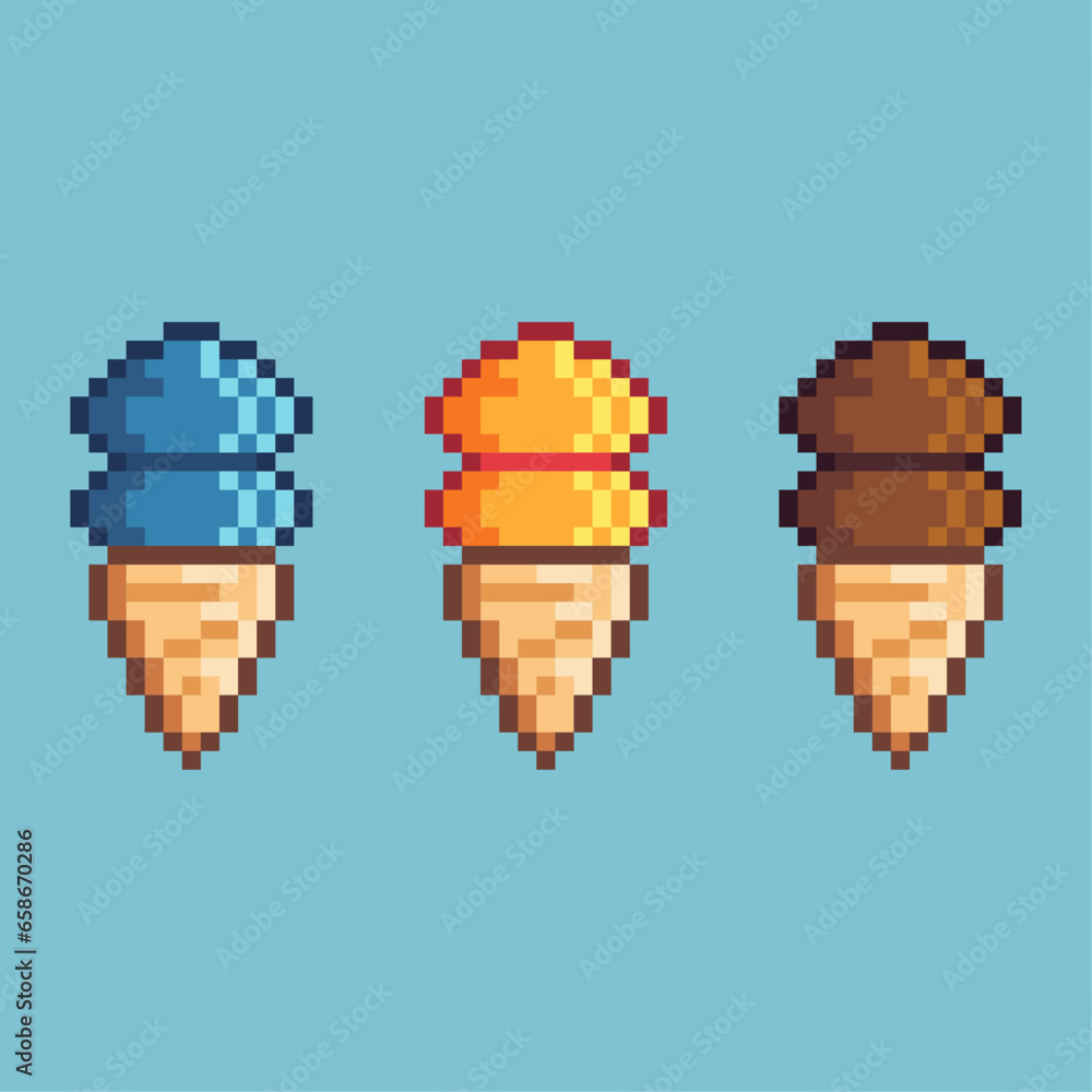 Poster pixel art sets of blue,gold,and chocolate ice with variation color item asset. simple bits of ice on