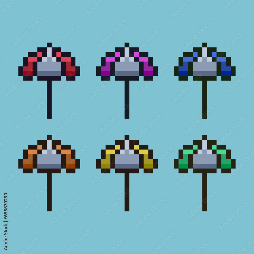 Poster pixel art sets of beach umbrella with variation color item asset. simple bits of umbrella on pixelat