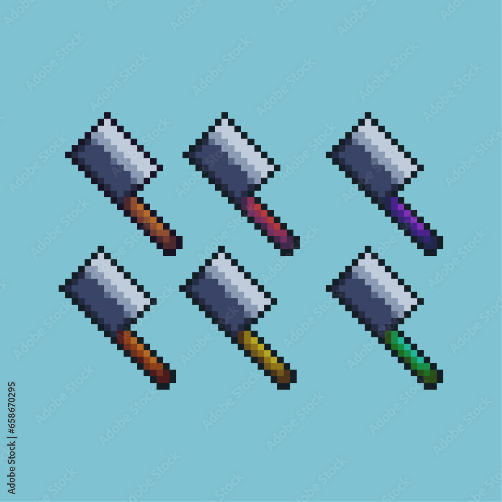 Poster pixel art sets of kitchen knife with variation color item asset. simple bits of kitchen knife on pix