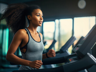 African woman staying fit running on a treadmill, concept of keeping healthy in the gym - obrazy, fototapety, plakaty