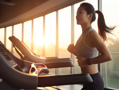 Asian woman staying fit running on a treadmill, concept of keeping healthy in the gym