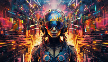 Hightech future of music and dance and djing in festivals with hitech music in psychedelic atmosphere