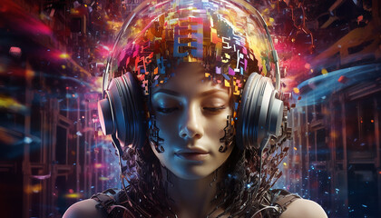 Obraz premium Hightech future of music and dance and djing in festivals with hitech music in psychedelic atmosphere
