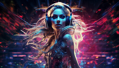 Hightech future of music and dance and djing in festivals with hitech music in psychedelic atmosphere