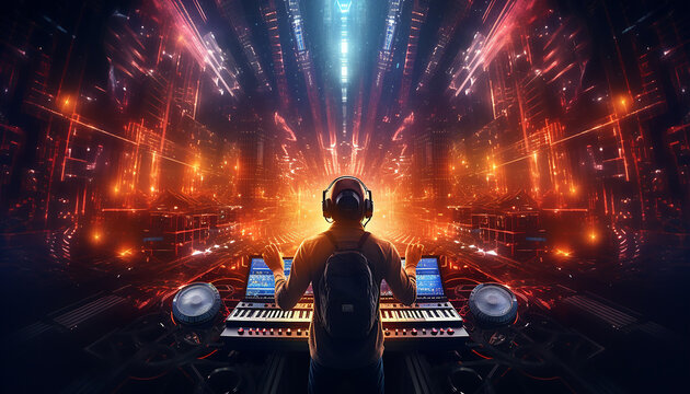 Hightech future of music and dance and djing in festivals with hitech music in psychedelic atmosphere