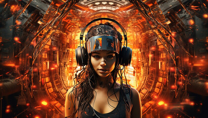 Hightech future of music and dance and djing in festivals with hitech music in psychedelic atmosphere